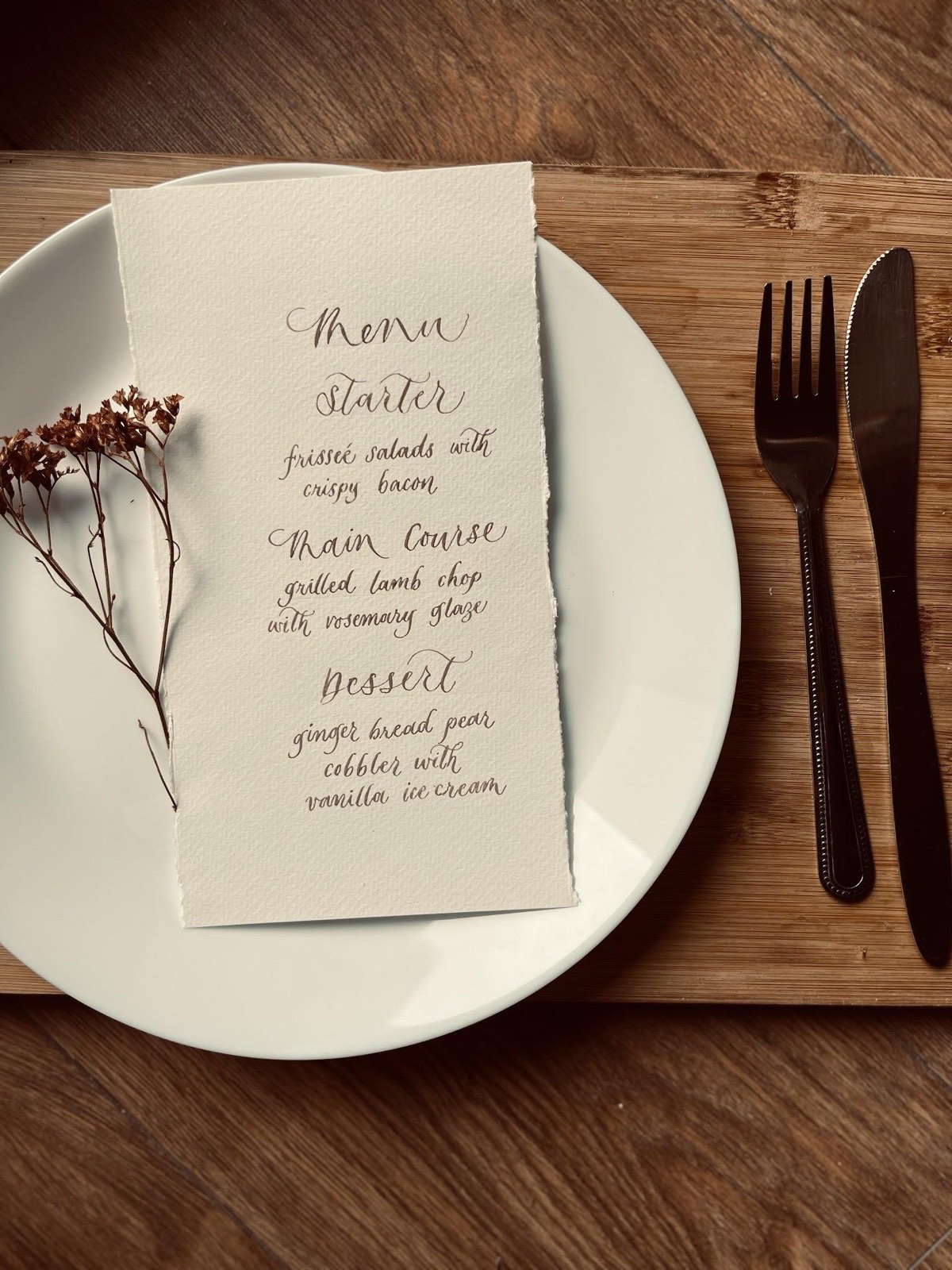 Hand-written menu card in calligraphy